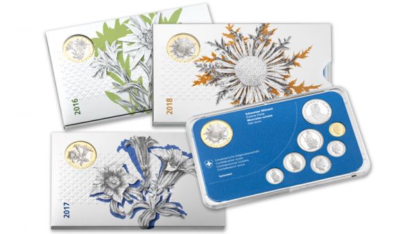 3x 18,85 CHF Schweiz "Flora Alpina" Münzsatz-Set 2018 CuNi PP