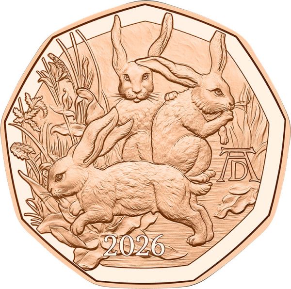 5 Euro Österreich Dürers Hasentrio 2026 Kupfer vz