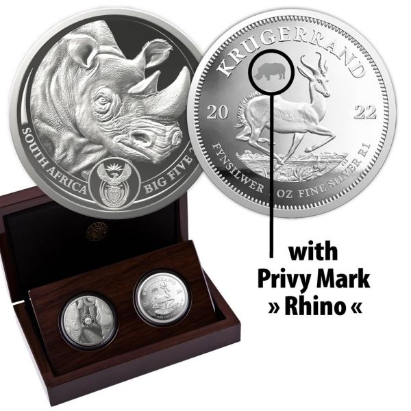 6 Rand Südafrika Big Five II Rhino + Krügerrand 22 Silber St Set