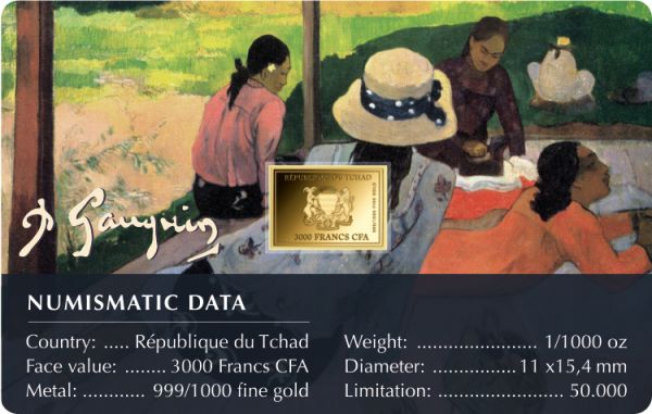 3.000 Francs Tschad Paul Gauguin II Mittagsruhe Coincard Gold