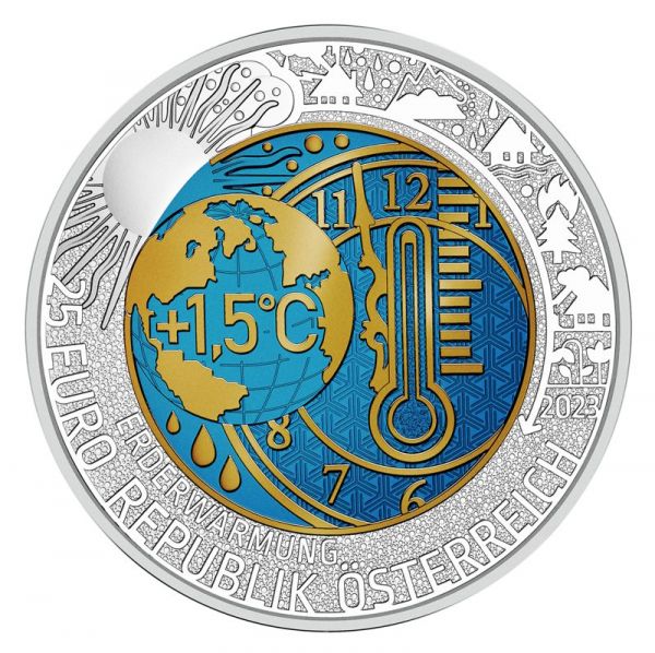 25 Euro Österreich Erderwärmung 2023 Silber handgehoben Niob