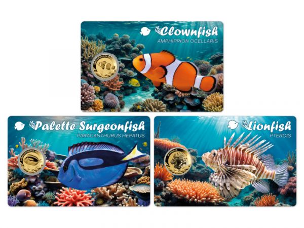 2x 3.000 Francs Tschad + 1x 1.000 Francs Gabun Sea Creatures Set I Coincard Gold