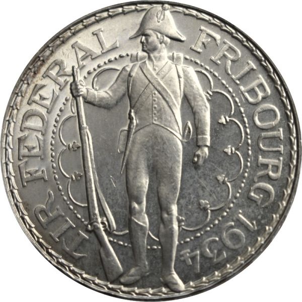 5 CHF Schützentaler Fribourg 1934 Silber vz