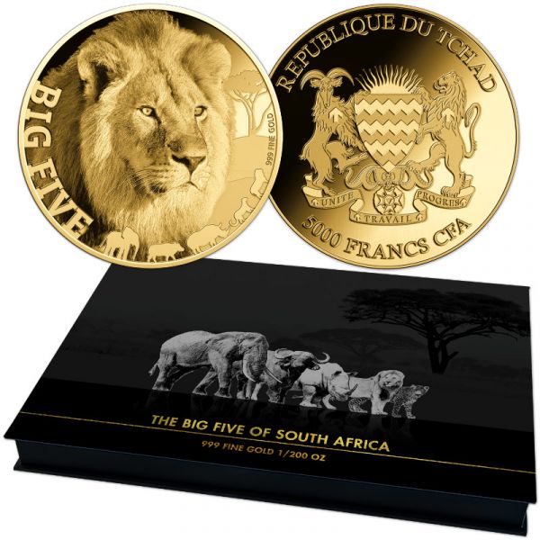 5x 5.000 Francs Tschad "The Big Five of South Africa" Gold Set