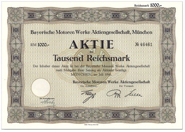 Histor. Wertpapier BAYERISCHE MOTORENWERKE Aktie 1941